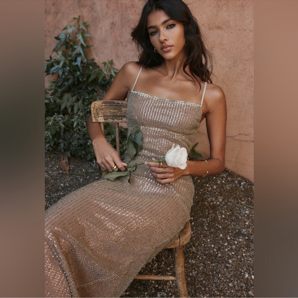 NWOT House of CB 'Alondra' Cafe Au Lait Beaded Maxi Dress sz L - Picture 6 of 14